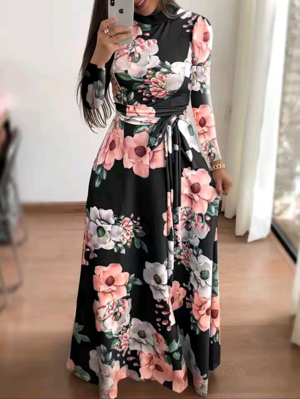 Women's Casual Long Sleeve Round Neck Flower Printed Slim Dress